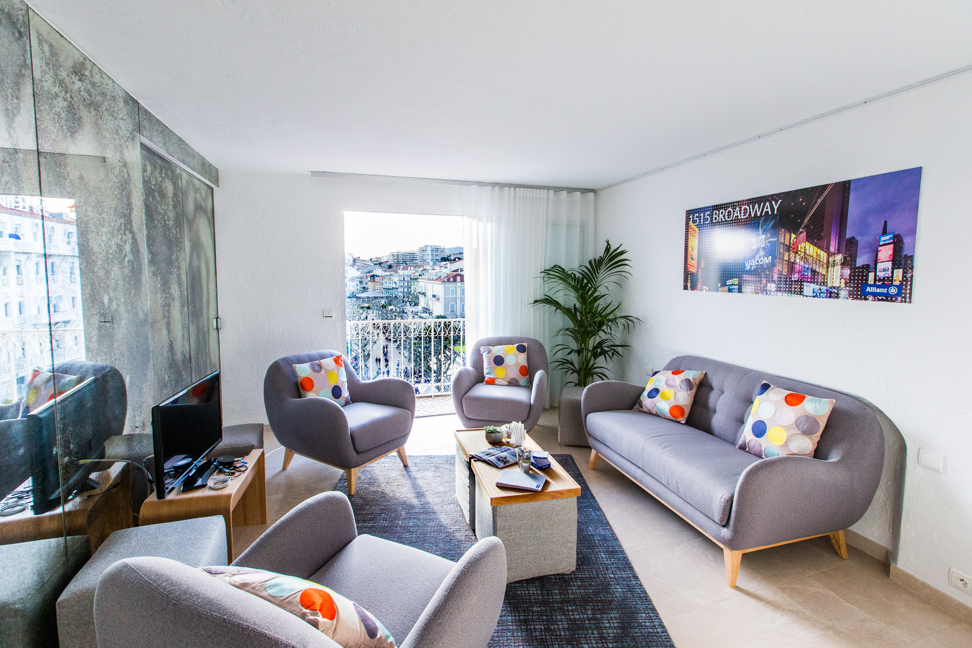 Sofas and chairs in a lounge format for meetings during MIPIM inside headquarters on the croisette in Cannes