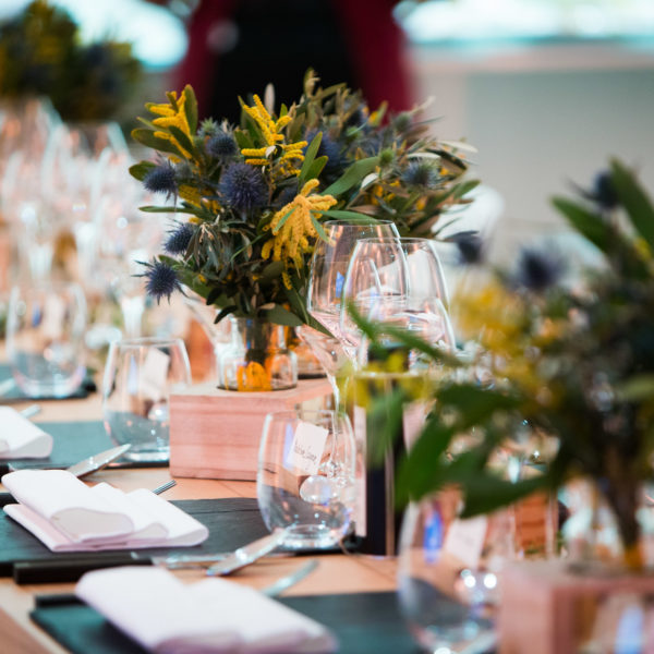 Mimosa and olive tree bouquets center pieces during exclusive dinner with private chef on the Croisette during MIPIM