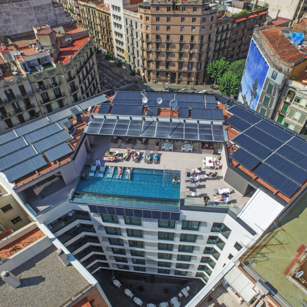 Sky view of the hotel and the swimming pool on the rooftop in Barcelona