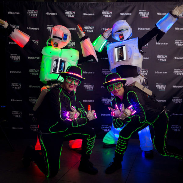 led glowing robots with led actors in front of photocall during product launch at MWC in Barcelona