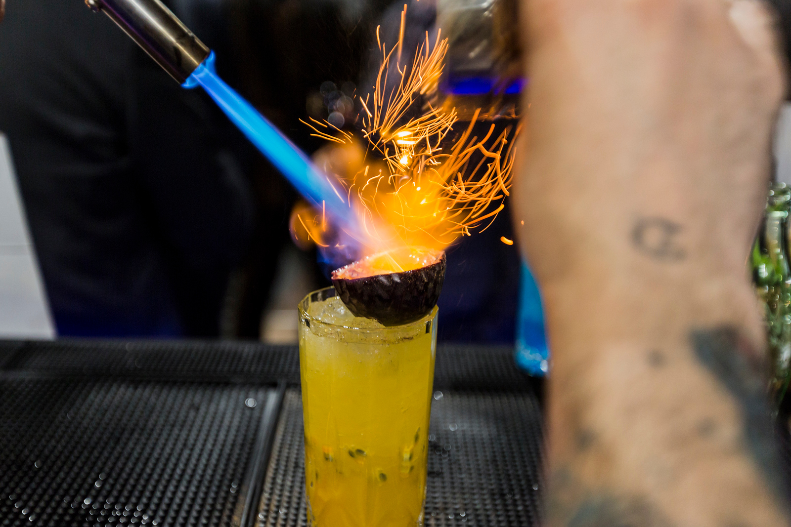 cocktail being made inside the restaurant facing the convention center in barcelona during MWC