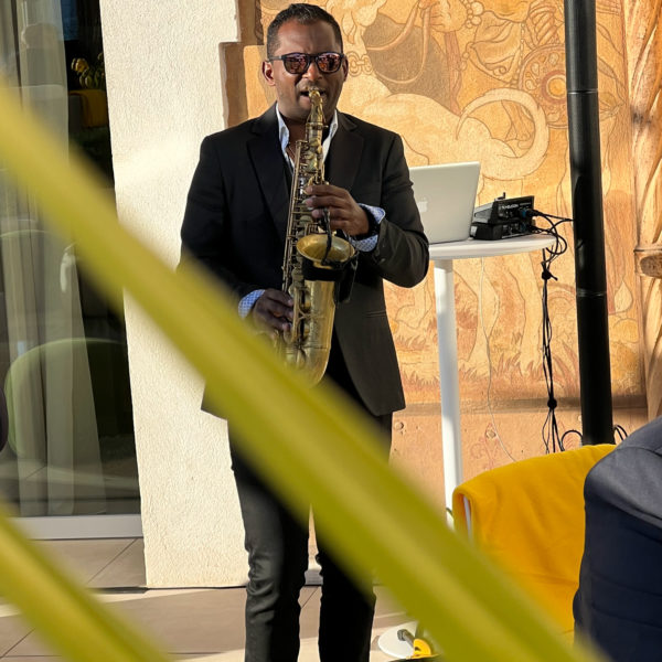 Saxo players performing on the terrace during happy hour at MIPIM on the croisette