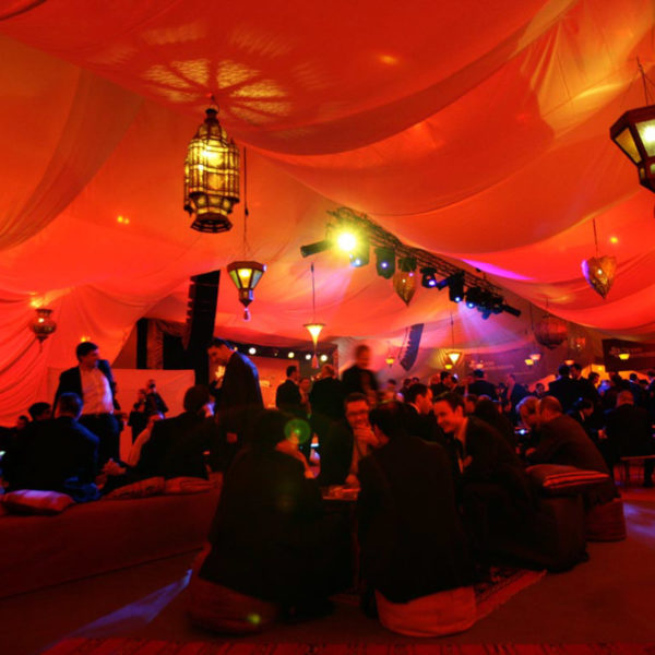 Lounge area under the tent during the theme party in Barcelona