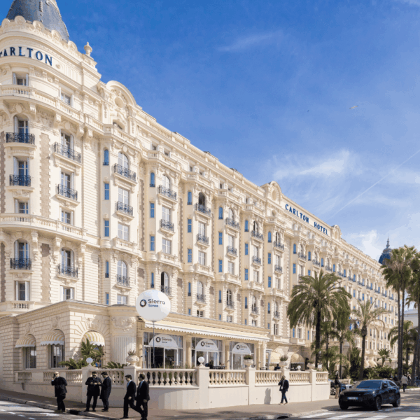 Carlton prestigious hotel with our customer's branding appearing on the terrace of the famous venue during MIPIM