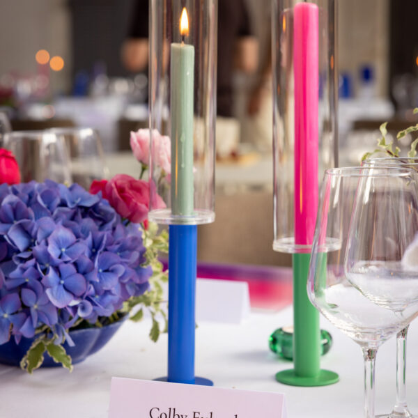 During this colorful dinner, candles and candle holders were picked to match the event colors