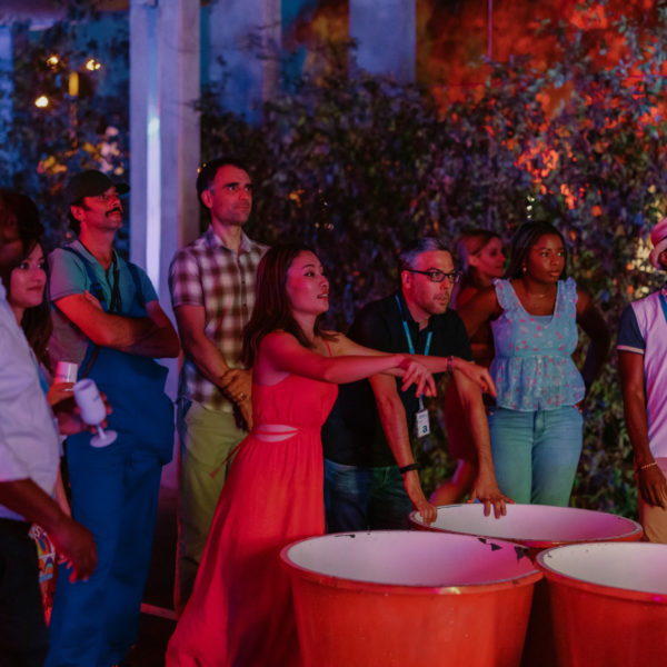 Guests playing a giant beer pong